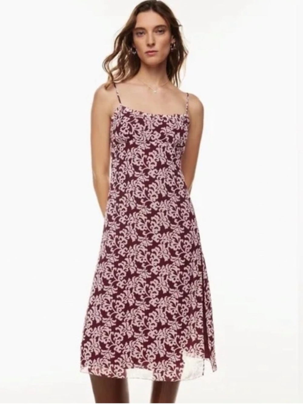 Aritzia Wilfred Sister Print Chiffon Slip Dress Spiced Burgundy / Talc Pink 12